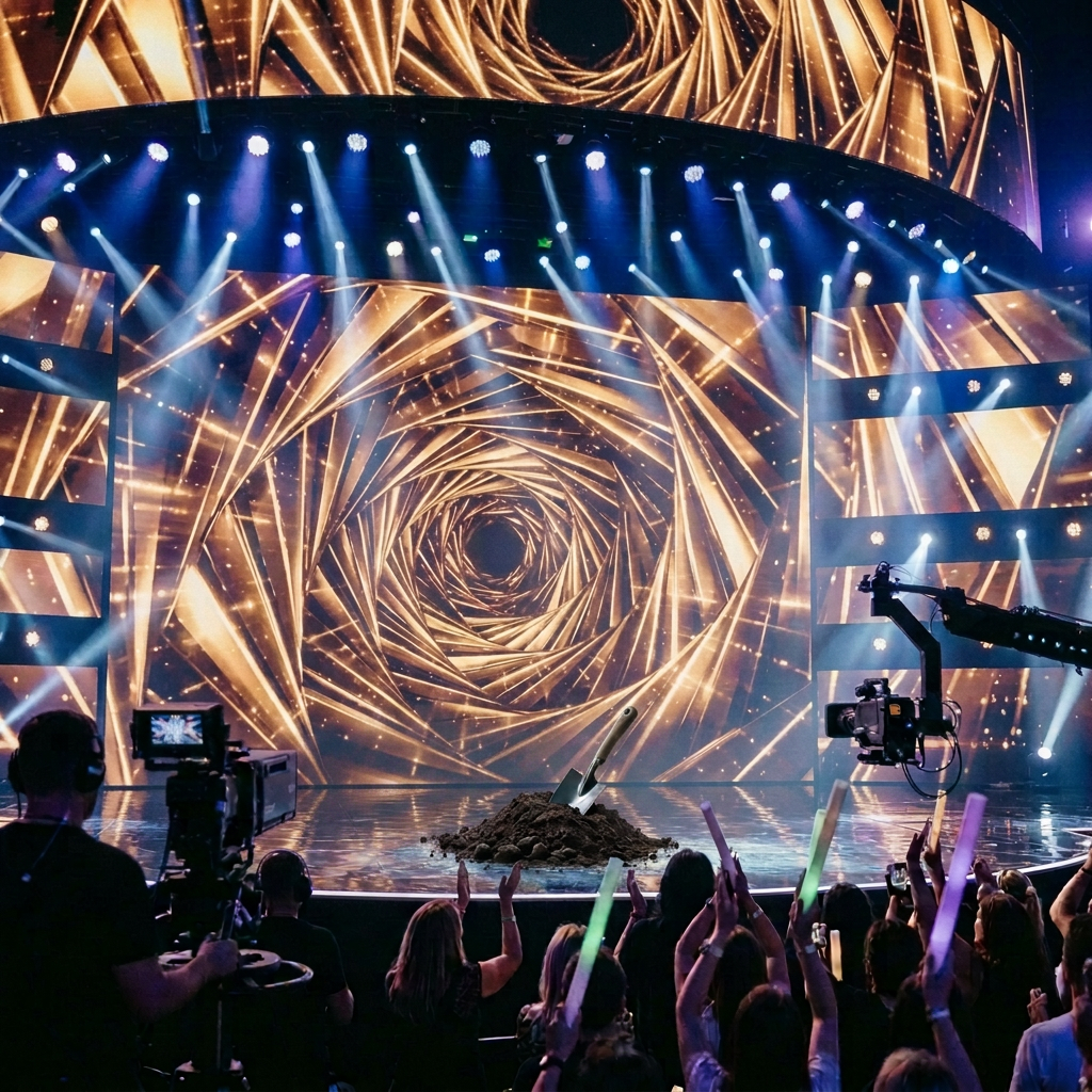Performer onstage beneath bright lights as a crowd raises their hands