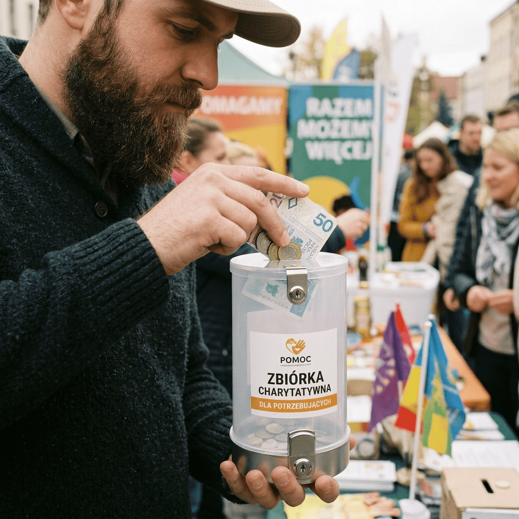 Brodaty mężczyzna wkłada pieniądze do puszki zbiórkowej