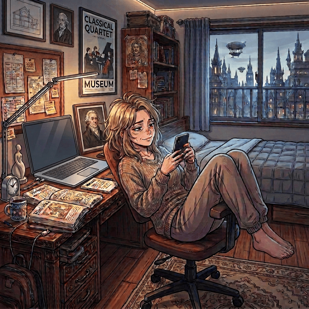 Student doing history homework at a desk beside a laptop, books, and phone