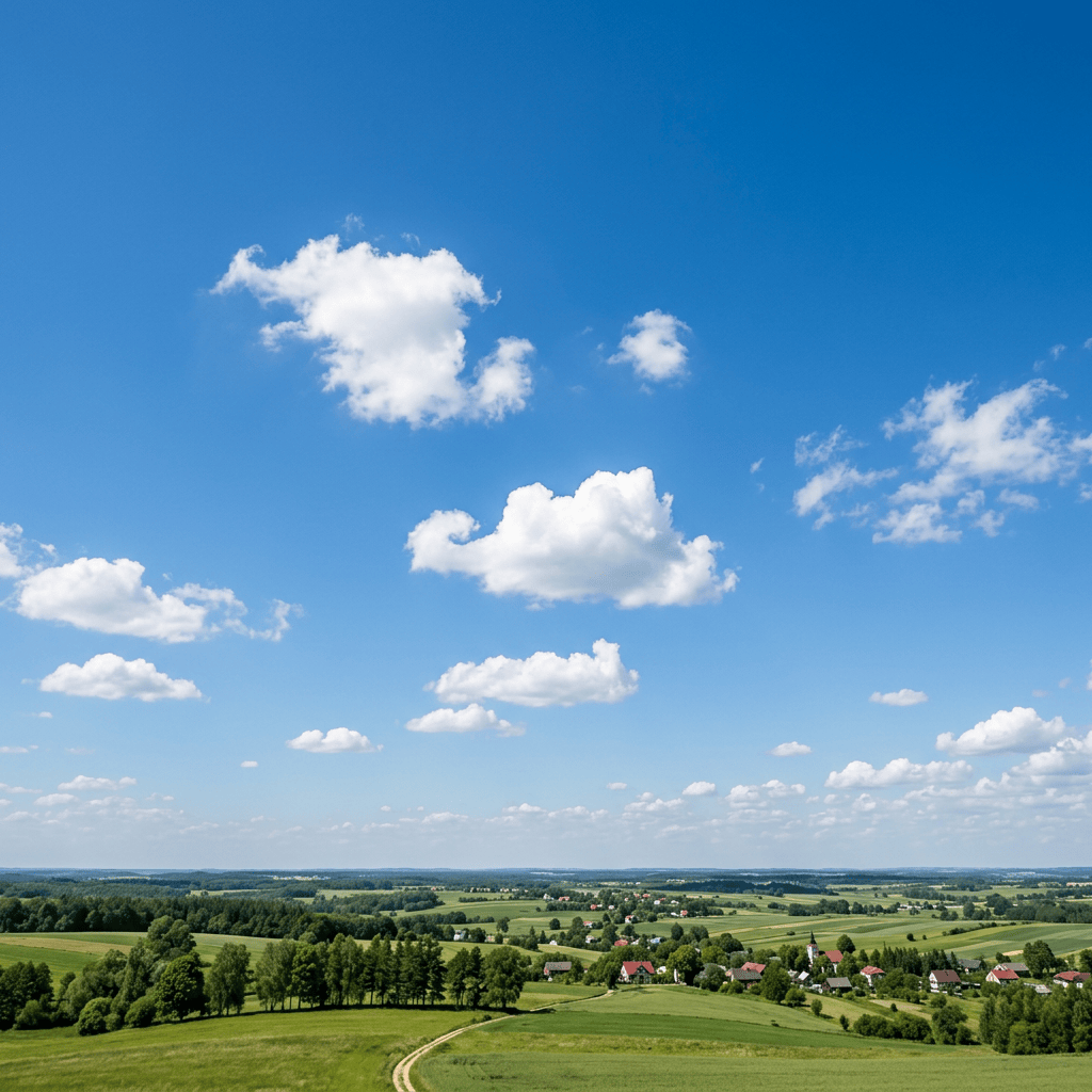 Rolling green farmland and villages beneath a blue sky with white clouds