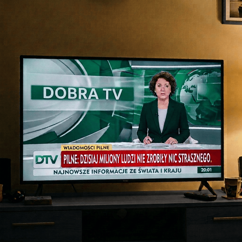 Television showing TVP Info news anchor, "WIADOMOŚCI," and breaking headline "PILNE: DZISIAJ MILIONY LUDZI NIE ZROBIŁY NIC STRASZNEGO." at 20:01