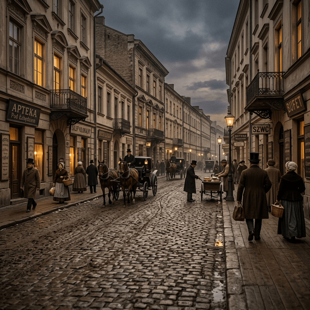 Historic cobblestone street with horse-drawn carriages, pedestrians, and illuminated shops