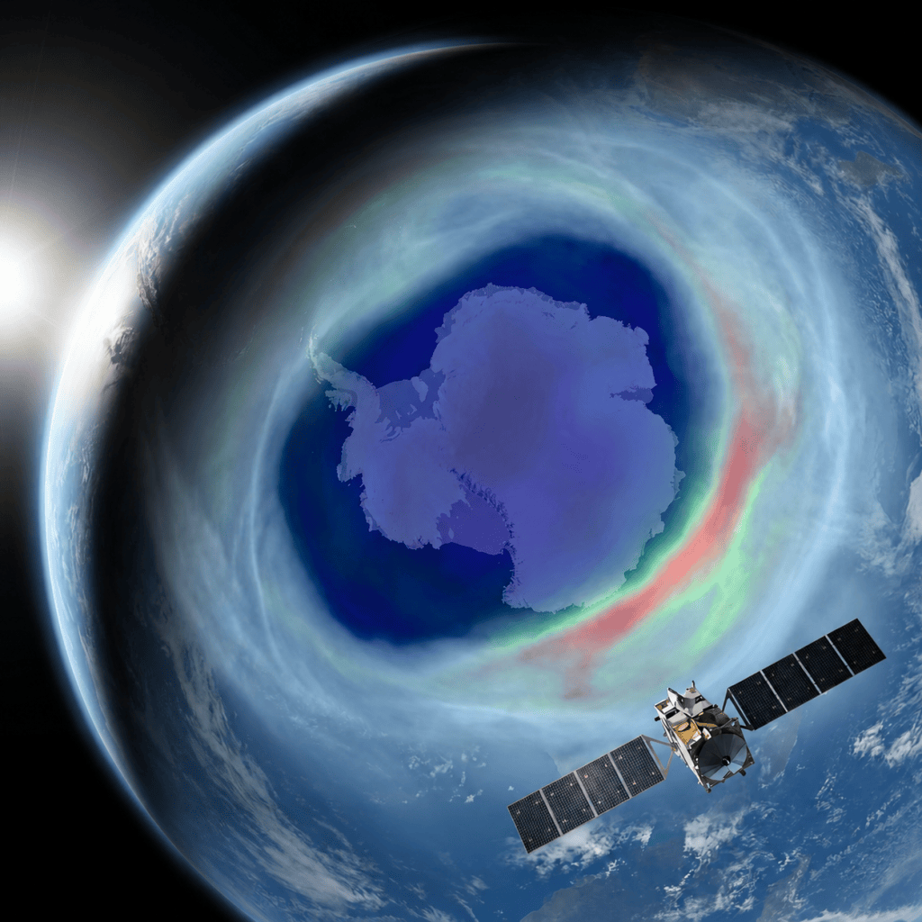 Ziemia z dziurą ozonową, satelita i napis „DZIURA OZONOWA”
