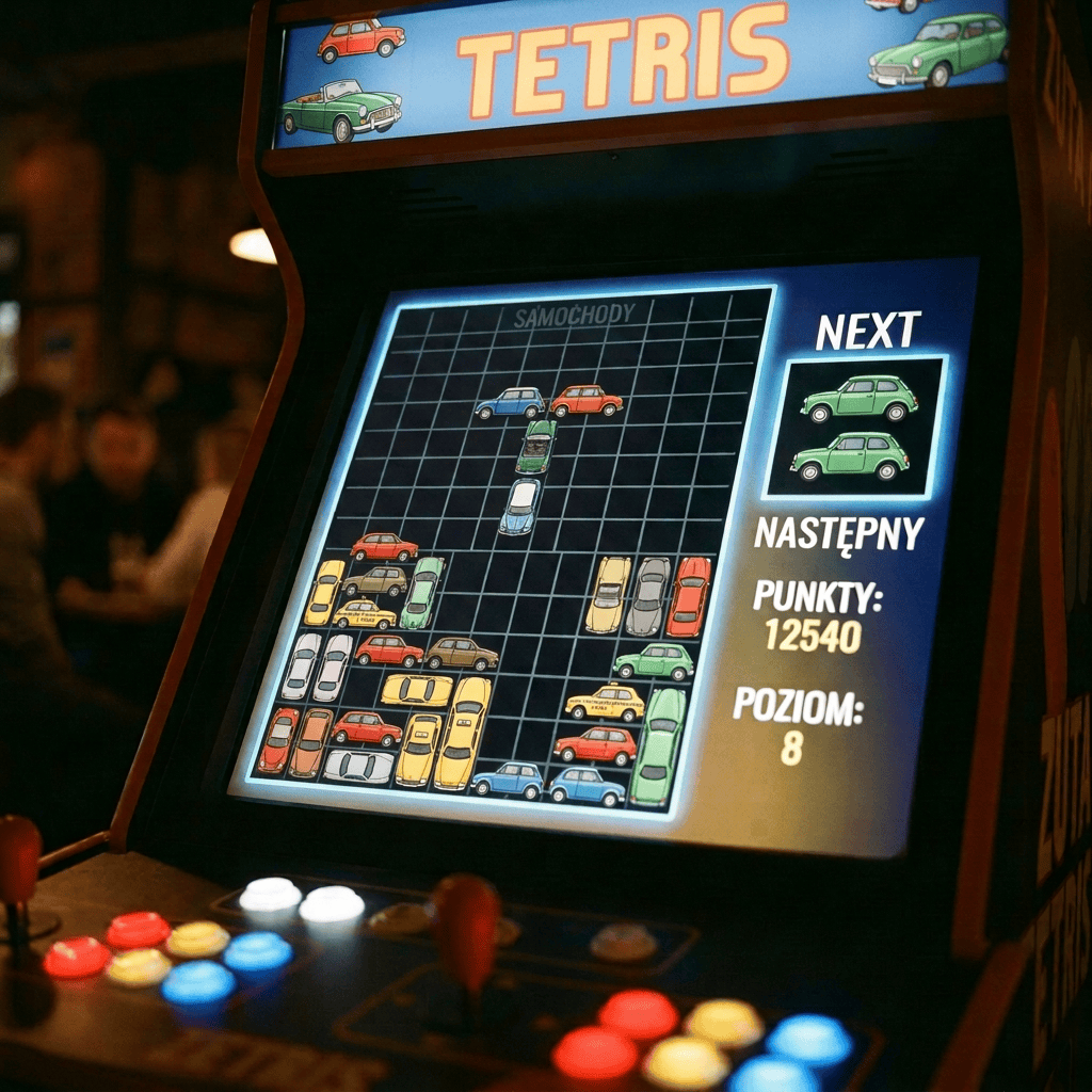Žuta Tetris arcade screen showing shoe pieces, level 8, and score 12540