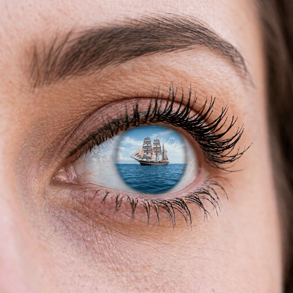 Close-up brown eye reflecting a tropical beach and turquoise sea