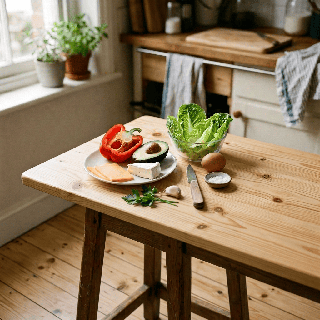 Fresh vegetables, dairy, egg, and herbs arranged on a wooden stool