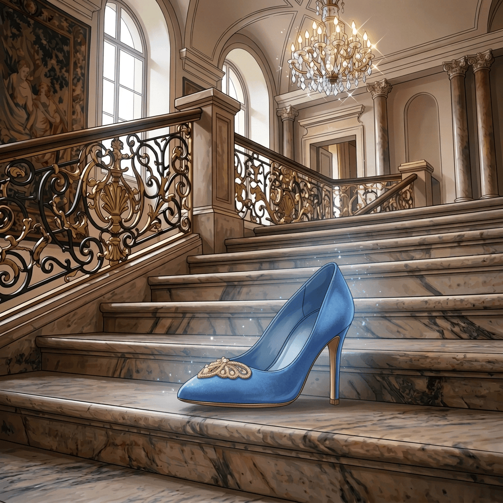 Navy blue bow pump on wooden floor beside patterned rug