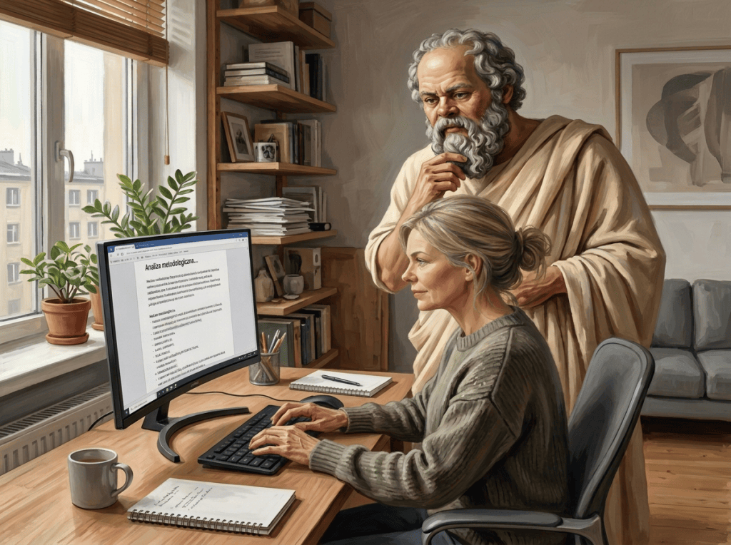 Woman typing methodological analysis beside a bearded classical philosopher figure