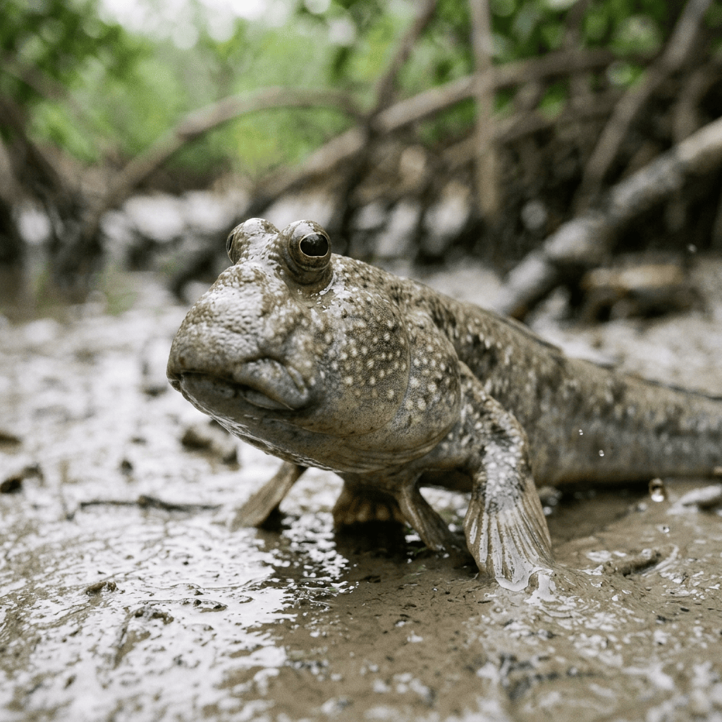 Mudskipper walking across mud beneath mangrove roots