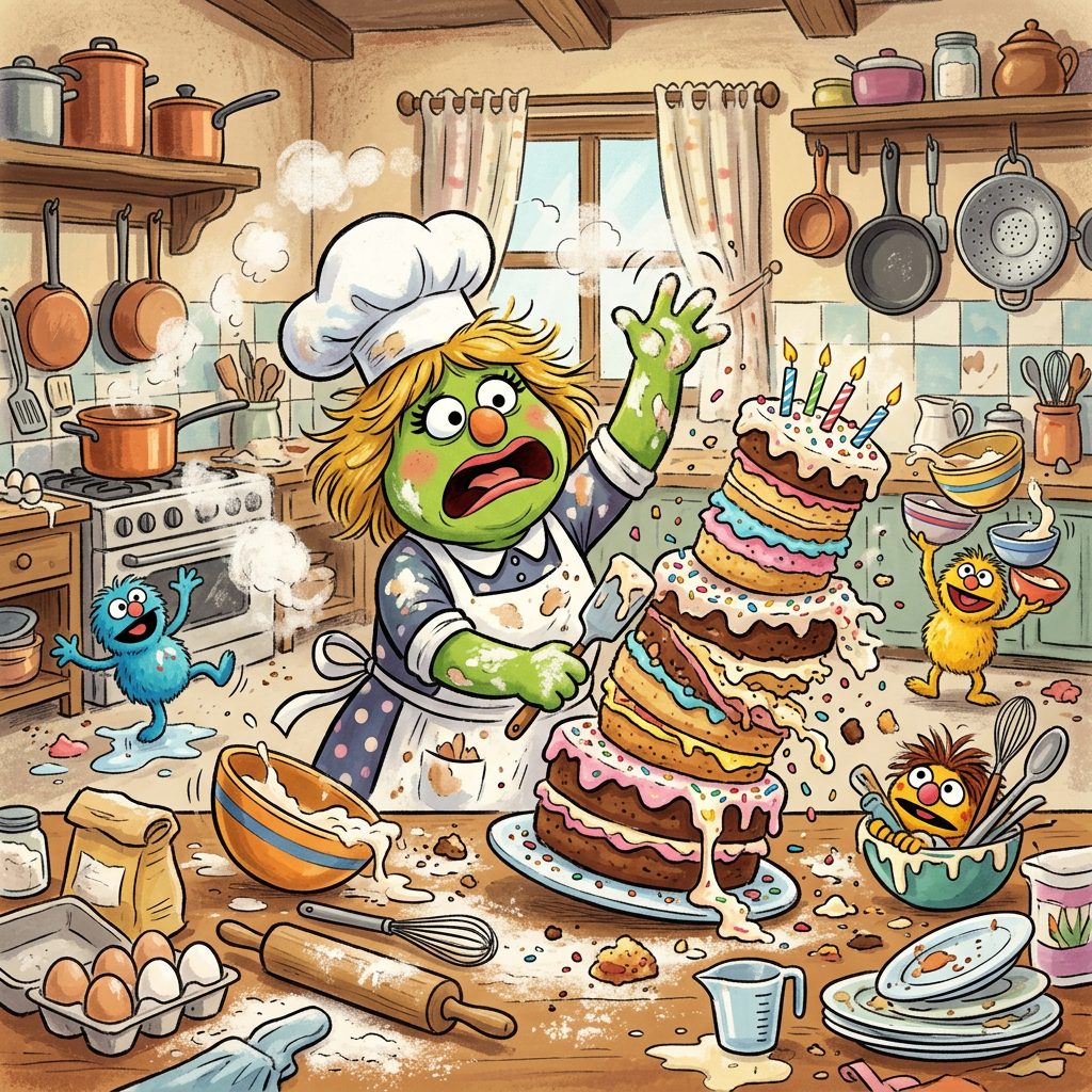Muppet-like chefs make a messy birthday cake in a busy kitchen